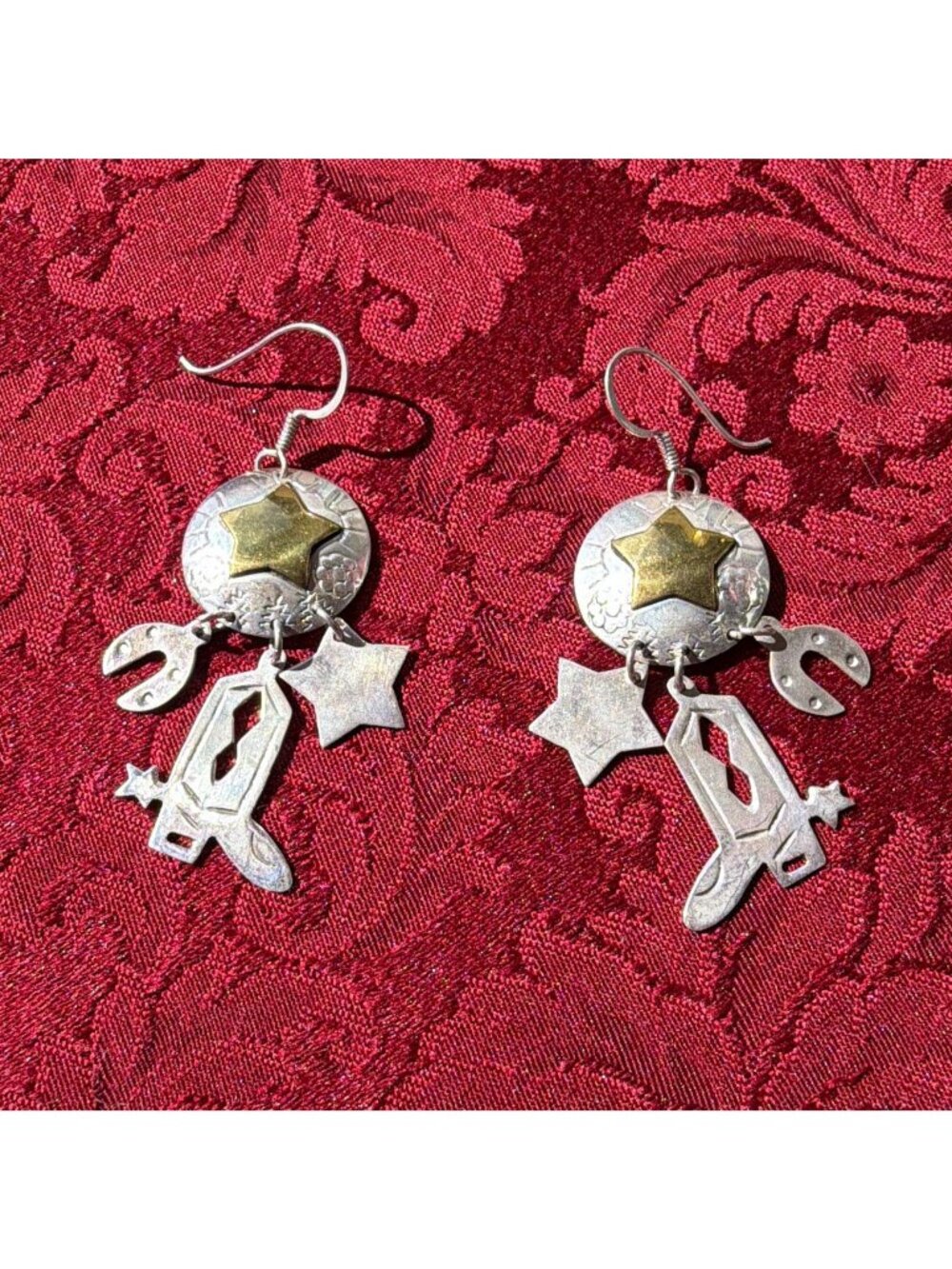 Vintage Taxco Mexico 925 Sterling Silver Cowboy Boot Horseshoe Dangle Earrings
